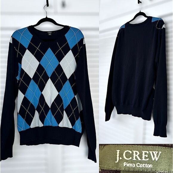 J.Crew Navy Blue Multi Argyle V-Neck Pullover Sweater Size Large - Picture 1 of 11
